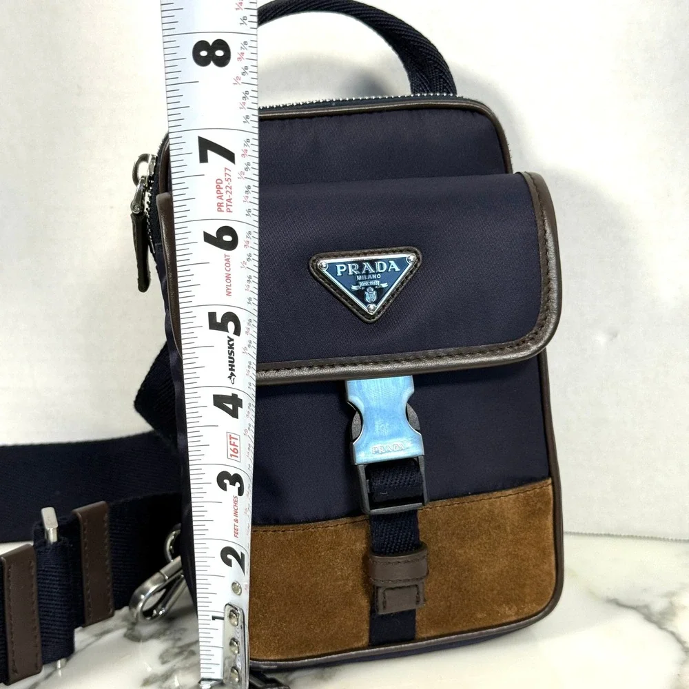 Prada Re-Nylon Leather Smartphone Case Shoulder Bag 2ZH194 Blu Caffe Navy Brown